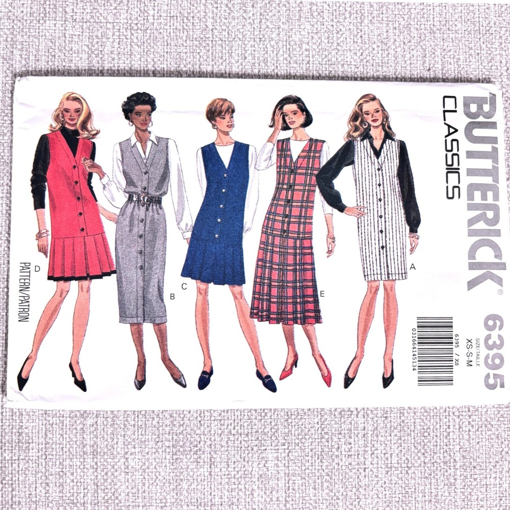Butterick 6395 Button Front Drop Waist Jumper XS-S-M Academia Layering Classic